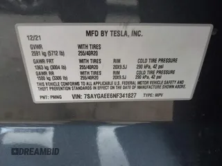2022 Tesla Model Y Long Range with VIN 7SAYGAEE6NF341827, listed as a IAAI auction lot 41946388 with Not Provided miles and . Bid and sale history available at DreamBid. Image 9.