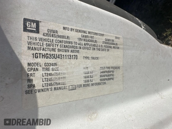 2003 GMC Savana Cargo z VIN 1GTHG35U431113170, wystawiony jako Copart lot #44413145 z przebiegiem 293 807 mil mil oraz Czysty tytuł • Clean title. Historia ofert i sprzedaży dostępna na DreamBid. Obrazek 10.