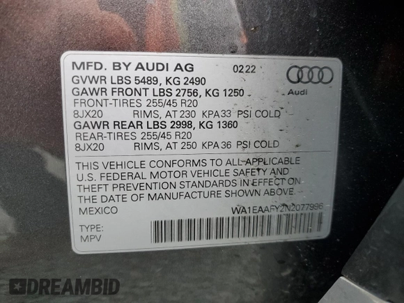 2022 Audi Q5 S line Premium Plus with VIN WA1EAAFY2N2077996, listed as a Copart auction lot 59636295 with 41,587 mi miles and Salvage title. Bid and sale history available at DreamBid. Image 13.
