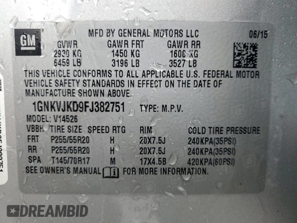 2015 Chevrolet Traverse LTZ with VIN 1GNKVJKD9FJ382751, listed as a Copart auction lot 50823015 with 131,877 mi miles and Salvage Title. Bid and sale history available at DreamBid. Image 13.