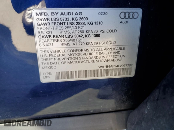 2020 Audi SQ5 Premium Plus with VIN WA1B4AFY4L2077702, listed as a Copart auction lot 76933874 with 76,419 mi miles and Salvage Title. Bid and sale history available at DreamBid. Image 13.