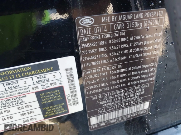 2014 Land Rover Range Rover Supercharged with VIN SALGS3TFXEA182763, listed as a IAAI auction lot 41945640 with 121,845 mi miles and . Bid and sale history available at DreamBid. Image 9.