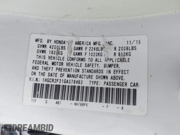 2016 Honda Accord Sedan LX with VIN 1HGCR2F31GA079460, listed as a IAAI auction lot 41712742 with 187,679 mi miles. Bid and sale history available at carsss.com. Image 9.