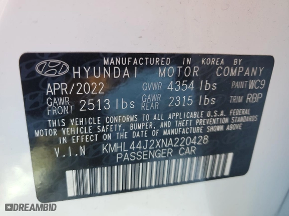 2022 Hyundai Sonata SEL Plus with VIN KMHL44J2XNA220428, listed as a Copart auction lot 45789165 with 20,450 mi miles and Salvage Title. Bid and sale history available at carsss.com. Image 15.