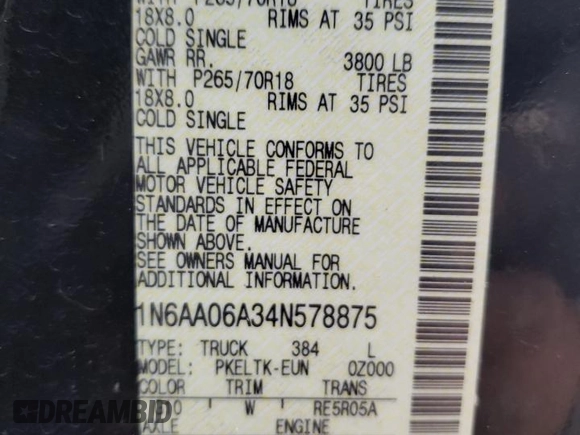 2004 Nissan Titan SE with VIN 1N6AA06A34N578875, listed as a Copart auction lot 81799754 with 240,085 mi miles and Salvage Title. Bid and sale history available at carsss.com. Image 13.