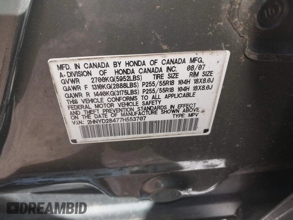 2007 Acura MDX Technology with VIN 2HNYD28477H553707, listed as a IAAI auction lot 41872810 with 148,554 mi miles and . Bid and sale history available at DreamBid. Image 9.