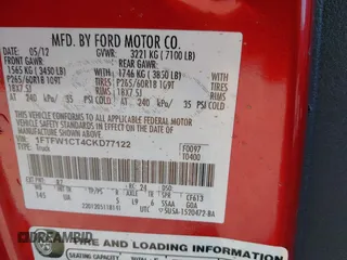 2012 Ford F-150 XL with VIN 1FTFW1CT4CKD77122, listed as a IAAI auction lot 41288982 with 227,141 mi miles. Bid and sale history available at carsss.com. Image 9.