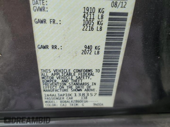 2013 Nissan Altima S with VIN 1N4AL3AP1DC138357, listed as a Copart auction lot 49599695 with 155,645 mi miles and Salvage Title. Bid and sale history available at carsss.com. Image 12.