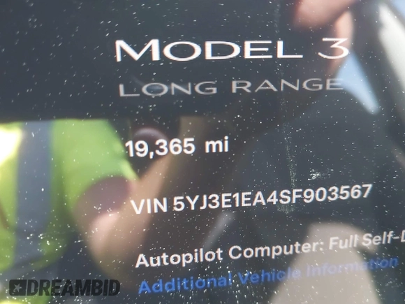 2025 Tesla Model 3 Long Range with VIN 5YJ3E1EA4SF903567, listed as a IAAI auction lot 42453246 with 19,365 mi miles and . Bid and sale history available at DreamBid. Image 16.
