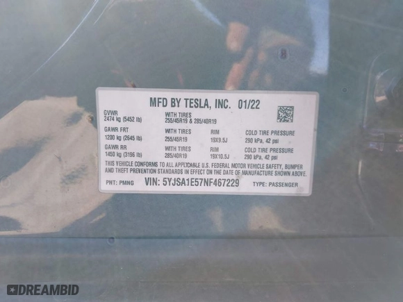 2022 Tesla Model S with VIN 5YJSA1E57NF467229, listed as a IAAI auction lot 41765897 with 1 mi miles. Bid and sale history available at carsss.com. Image 9.