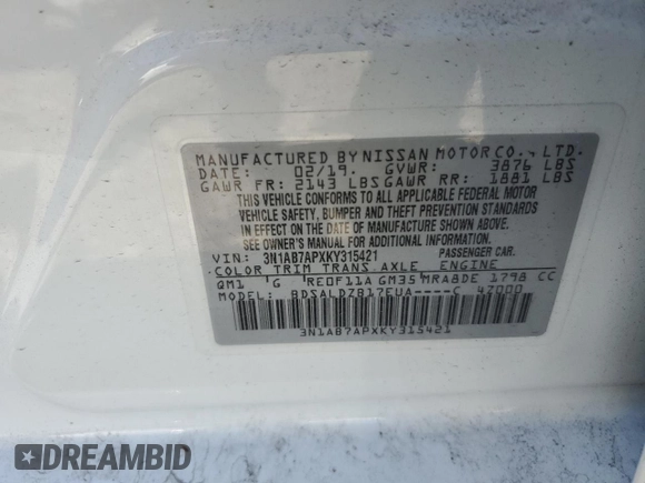 2019 Nissan Sentra S with VIN 3N1AB7APXKY315421, listed as a Copart auction lot 50919995 with 110,291 mi miles and Salvage Title. Bid and sale history available at carsss.com. Image 12.