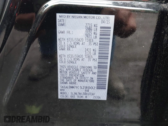2015 Infiniti QX60 with VIN 5N1AL0MM7FC528002, listed as a IAAI auction lot 42260916 with 228,379 mi miles and . Bid and sale history available at DreamBid. Image 9.