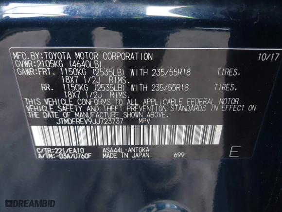2018 Toyota RAV4 Limited with VIN JTMDFREV9JJ723737, listed as a IAAI auction lot 41462686 with 109,701 mi miles. Bid and sale history available at carsss.com. Image 9.