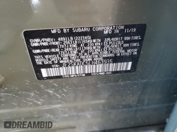 2020 Subaru Forester with VIN JF2SKADC5LH463935, listed as a Copart auction lot 61953175 with 43,032 mi miles and Salvage title. Bid and sale history available at DreamBid. Image 12.