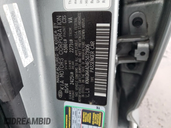 2014 Kia Optima EX with VIN KNAGN4AD4E5073906, listed as a Copart auction lot 72960004 with 123,453 mi miles and Salvage Title. Bid and sale history available at DreamBid. Image 14.