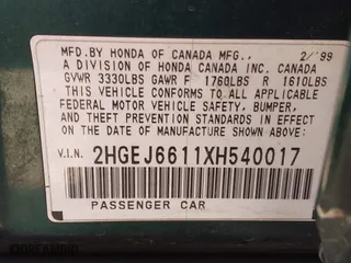 1999 Honda Civic VP with VIN 2HGEJ6611XH540017, listed as a IAAI auction lot 42093222 with 154,261 mi miles. Bid and sale history available at carsss.com. Image 9.