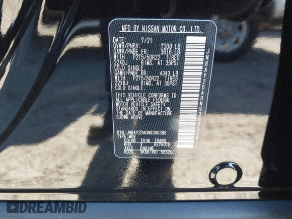 2022 Nissan Armada Platinum with VIN JN8AY2DA0N9390388, listed as a IAAI auction lot 41291488 with 42,545 mi miles and . Bid and sale history available at DreamBid. Image 9.