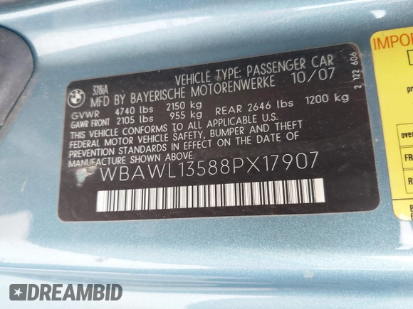 2008 BMW 3 Series 328i with VIN WBAWL13588PX17907, listed as a IAAI auction lot 41686018 with 132,878 mi miles and . Bid and sale history available at DreamBid. Image 9.