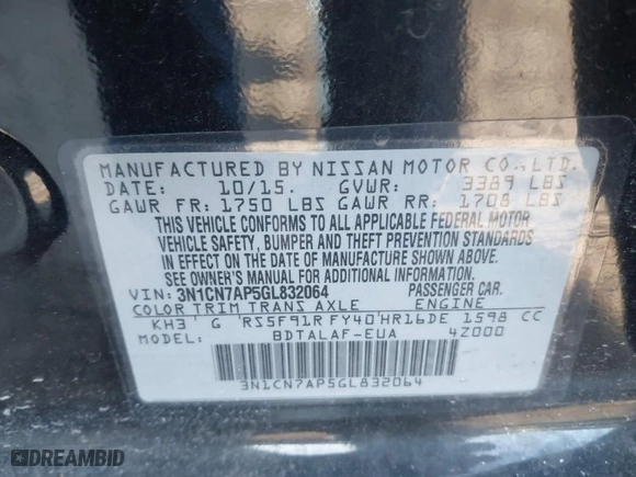 2016 Nissan Versa SV with VIN 3N1CN7AP5GL832064, listed as a IAAI auction lot 41420008 with 80,890 mi miles. Bid and sale history available at carsss.com. Image 9.