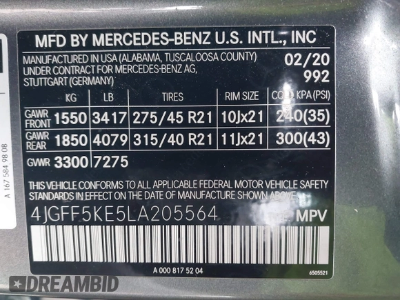 2020 Mercedes-Benz GLS with VIN 4JGFF5KE5LA205564, listed as a IAAI auction lot 41619938 with 63,912 mi miles. Bid and sale history available at carsss.com. Image 9.