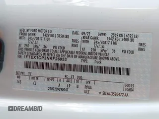 2022 Ford F-150 XL z VIN 1FTEX1CP3NKF26053, wystawiony jako IAAI lot #40372191 z przebiegiem Nie podano mil oraz . Historia ofert i sprzedaży dostępna na DreamBid. Obrazek 9.