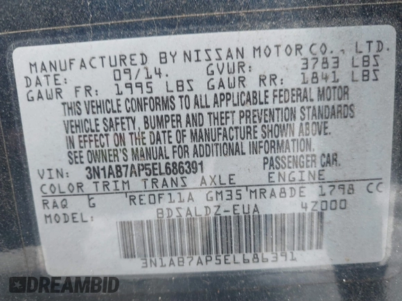 2014 Nissan Sentra S with VIN 3N1AB7AP5EL686391, listed as a IAAI auction lot 41693438 with 254,465 mi miles and . Bid and sale history available at DreamBid. Image 9.
