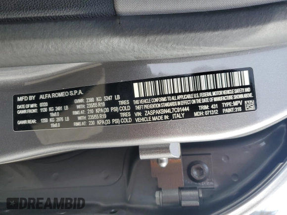 2020 Alfa Romeo Stelvio Ti z VIN ZASPAKBN4L7C91444, wystawiony jako Copart lot #43635865 z przebiegiem 83 848 mil mil oraz Szkoda całkowita • Salvage title. Historia ofert i sprzedaży dostępna na DreamBid. Obrazek 13.