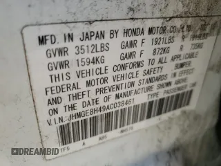 2010 Honda Fit Sport with VIN JHMGE8H49AC038461, listed as a Copart auction lot 54330355 with 133,428 mi miles and Salvage title. Bid and sale history available at DreamBid. Image 12.