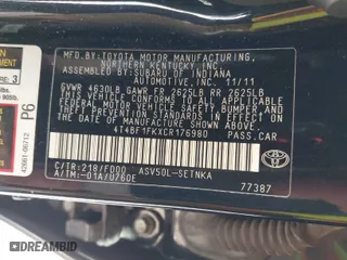 2012 Toyota Camry L with VIN 4T4BF1FKXCR176980, listed as a IAAI auction lot 41846368 with 190,645 mi miles. Bid and sale history available at carsss.com. Image 9.
