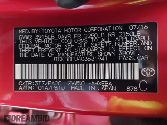 2016 Toyota Prius Two z VIN JTDKBRFU4G3531941, wystawiony jako IAAI lot #42023633 z przebiegiem 249 098 mil mil oraz . Historia ofert i sprzedaży dostępna na DreamBid. Obrazek 9.