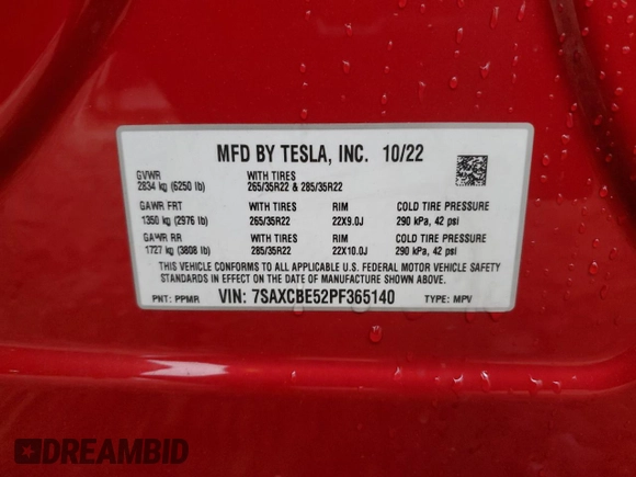 2023 Tesla Model X with VIN 7SAXCBE52PF365140, listed as a Copart auction lot 44564965 with 27,107 mi miles and Salvage Title. Bid and sale history available at DreamBid. Image 14.