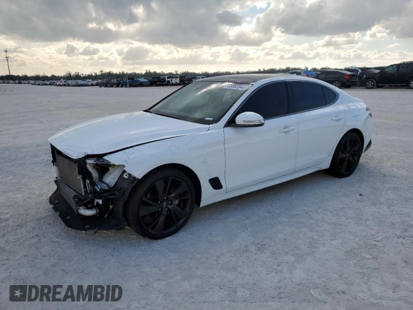2023 Genesis G70 2.0T with VIN KMTG34TA4PU104576, listed as a Copart auction lot 85082044 with 28,821 mi miles and Salvage Title. Bid and sale history available at DreamBid. Image 1.