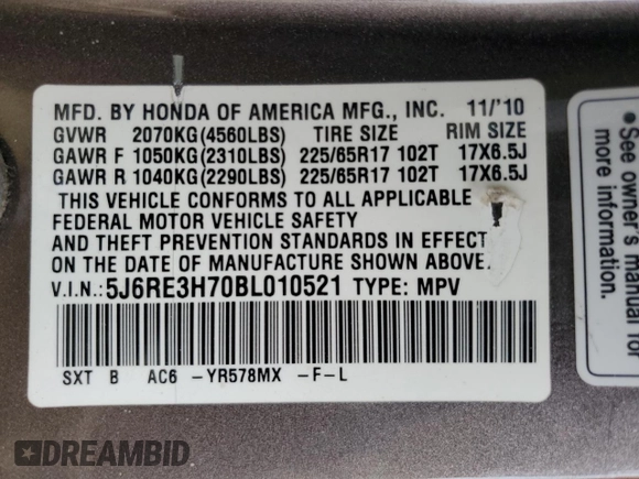 2011 Honda CR-V EX-L with VIN 5J6RE3H70BL010521, listed as a Copart auction lot 51385595 with 171,815 mi miles and Salvage Title. Bid and sale history available at carsss.com. Image 15.