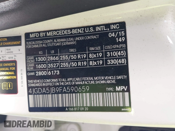2015 Mercedes-Benz M 350 with VIN 4JGDA5JB9FA590659, listed as a IAAI auction lot 40591295 with 117,825 mi miles and . Bid and sale history available at DreamBid. Image 9.