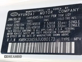 2018 Hyundai Kona Limited with VIN KM8K33A59JU080173, listed as a IAAI auction lot 42041992 with 37,513 mi miles. Bid and sale history available at carsss.com. Image 9.