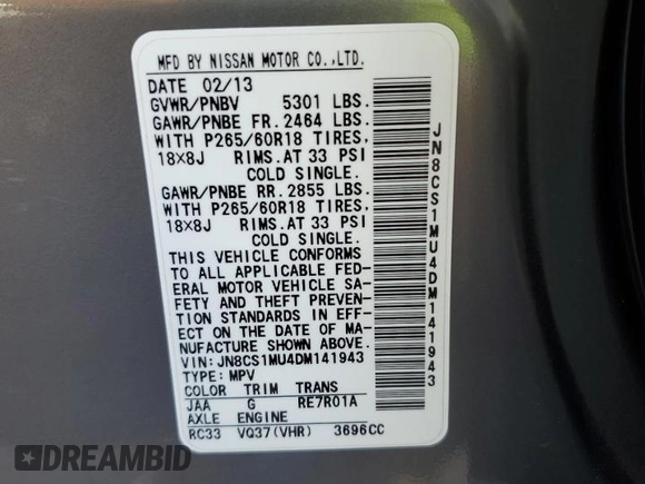 2013 Infiniti FX with VIN JN8CS1MU4DM141943, listed as a Copart auction lot 48251305 with 89,764 mi miles and Salvage title. Bid and sale history available at DreamBid. Image 13.