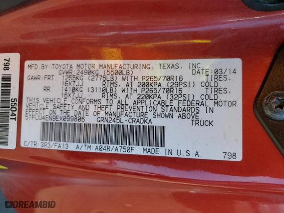 2014 Toyota Tacoma with VIN 5TFUU4EN9EX099806, listed as a Copart auction lot 46399995 with 155,681 mi miles and Salvage Title. Bid and sale history available at carsss.com. Image 12.