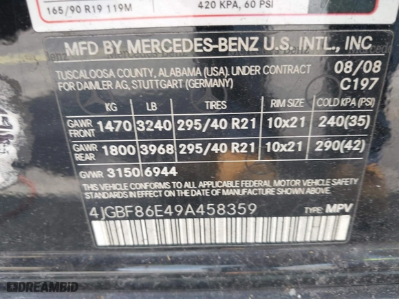 2009 Mercedes-Benz GL-Class 5.5L with VIN 4JGBF86E49A458359, listed as a IAAI auction lot 41808818 with 114,048 mi miles. Bid and sale history available at carsss.com. Image 9.