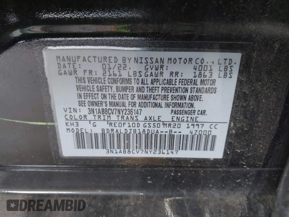 2022 Nissan Sentra SV z VIN 3N1AB8CV7NY236147, wystawiony jako IAAI lot #41938553 z przebiegiem 32 973 mil mil oraz . Historia ofert i sprzedaży dostępna na DreamBid. Obrazek 9.
