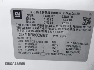 2013 GMC Terrain SLE with VIN 2GKALMEK9D6399201, listed as a IAAI auction lot 42304543 with 157,019 mi miles and . Bid and sale history available at DreamBid. Image 9.