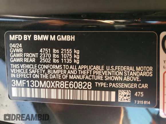 2024 BMW M2 with VIN 3MF13DM0XR8E60828, listed as a Copart auction lot 87187354 with 0 mi miles and Salvage Title. Bid and sale history available at carsss.com. Image 13.