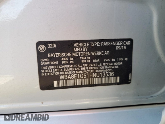 2017 BMW 3 Series 320i z VIN WBA8E1G51HNU13536, wystawiony jako Copart lot #56776245 z przebiegiem 78 809 mil mil oraz Szkoda całkowita • Salvage title. Historia ofert i sprzedaży dostępna na DreamBid. Obrazek 12.