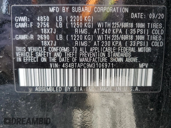 2021 Subaru Outback Touring with VIN 4S4BTAPC9M3106971, listed as a Copart auction lot 54839415 with 28,621 mi miles and Non repairable. Bid and sale history available at DreamBid. Image 13.