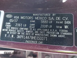2017 Kia Forte LX with VIN 3KPFL4A79HE153371, listed as a IAAI auction lot 41620185 with 79,329 mi miles and . Bid and sale history available at carsss.com. Image 9.