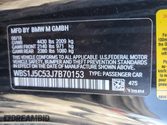 2018 BMW M2 z VIN WBS1J5C53J7B70153, wystawiony jako Copart lot #47081155 z przebiegiem Nie podano mil oraz Szkoda całkowita • Salvage title. Historia ofert i sprzedaży dostępna na DreamBid. Obrazek 14.