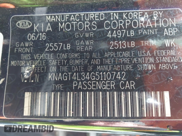 2016 Kia Optima LX with VIN KNAGT4L34G5110742, listed as a IAAI auction lot 41931969 with 128,458 mi miles. Bid and sale history available at carsss.com. Image 9.