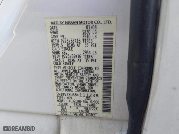 2008 Nissan Quest SE with VIN 5N1BV28U68N111238, listed as a IAAI auction lot 42055962 with 173,112 mi miles. Bid and sale history available at carsss.com. Image 9.