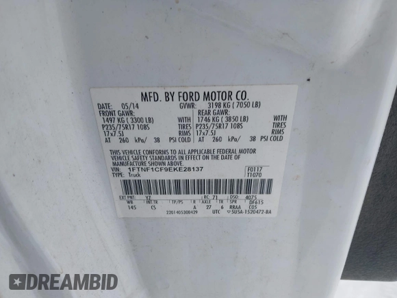 2014 Ford F-150 XL with VIN 1FTNF1CF9EKE28137, listed as a IAAI auction lot 41577971 with 180,000 mi miles and . Bid and sale history available at DreamBid. Image 9.