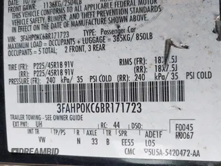 2011 Ford Fusion SPORT with VIN 3FAHP0KC6BR171723, listed as a IAAI auction lot 42072610 with 173,213 mi miles. Bid and sale history available at carsss.com. Image 9.