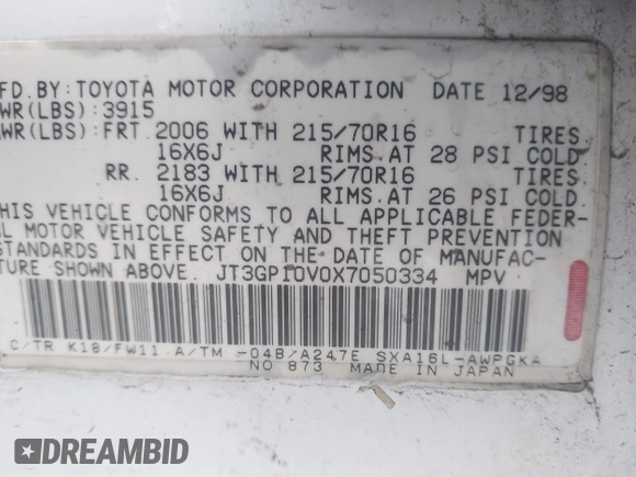 1999 Toyota RAV4 with VIN JT3GP10V0X7050334, listed as a IAAI auction lot 41607894 with 348,069 mi miles and . Bid and sale history available at DreamBid. Image 9.